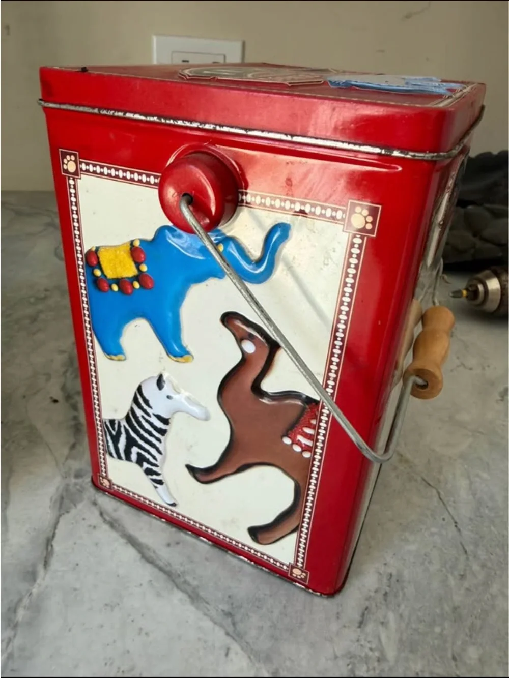 Williams-Sonoma Red Animal Cookie Cutter Tin with Colorful Animal Motifs